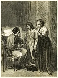 Robinson Crusoe frontispiece illustration showing Crusoe taking leave of his Father and Mother. From The Life and Strange Surprising Adventures of Robinson Crusoe, or York, Mariner by Daniel Defoe